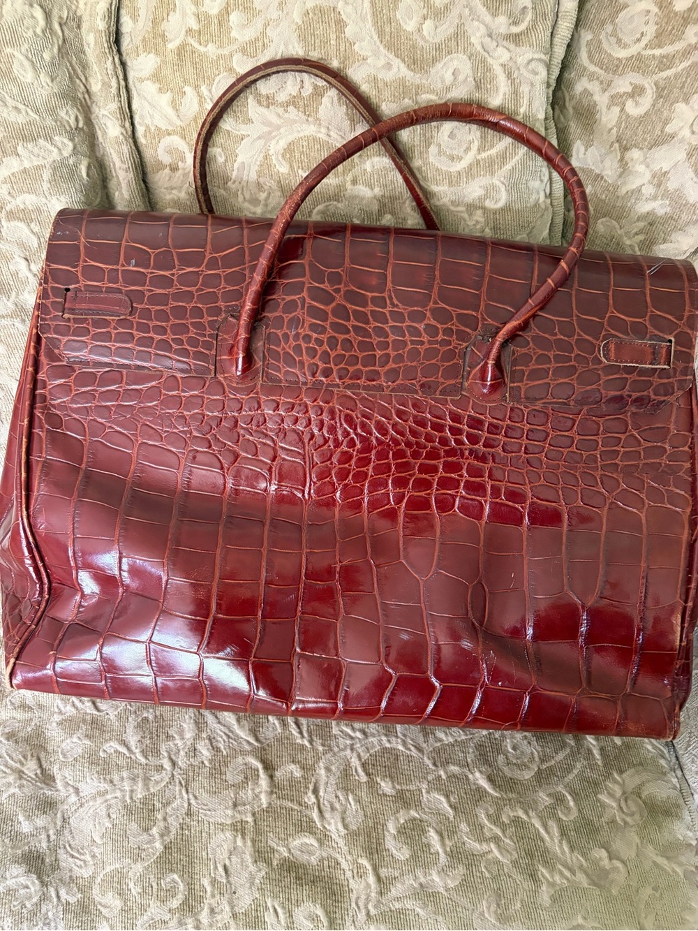 Croc-Embossed Oxblood Leather Tote /Valise with Top Handles - Picture 3 of 6